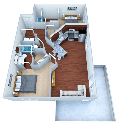 Floor plan for 2 beds, 2 baths, 908 sqft